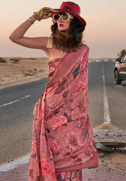 Peach color linen printed saree for women price
