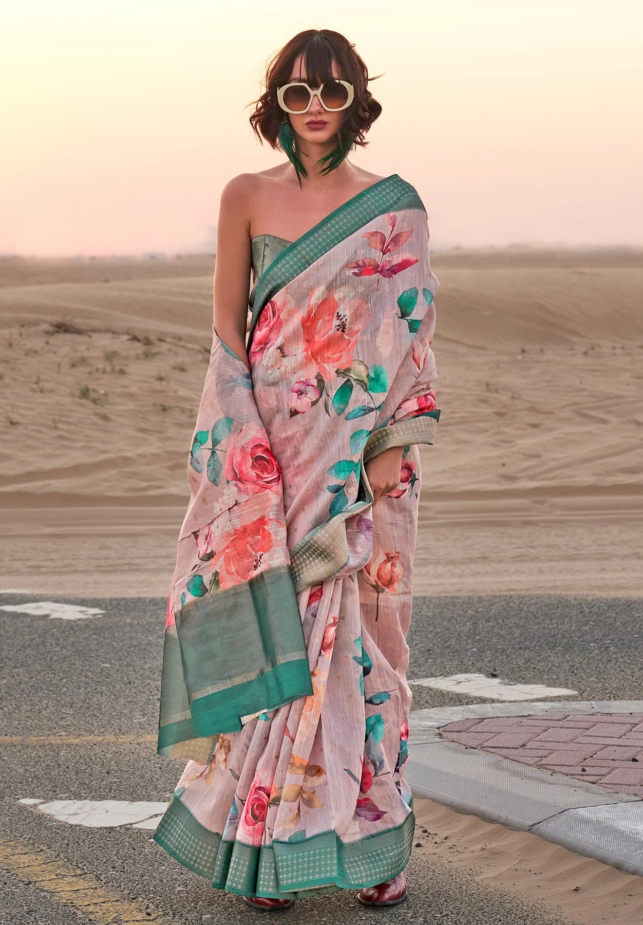 Rama color linen printed saree for women