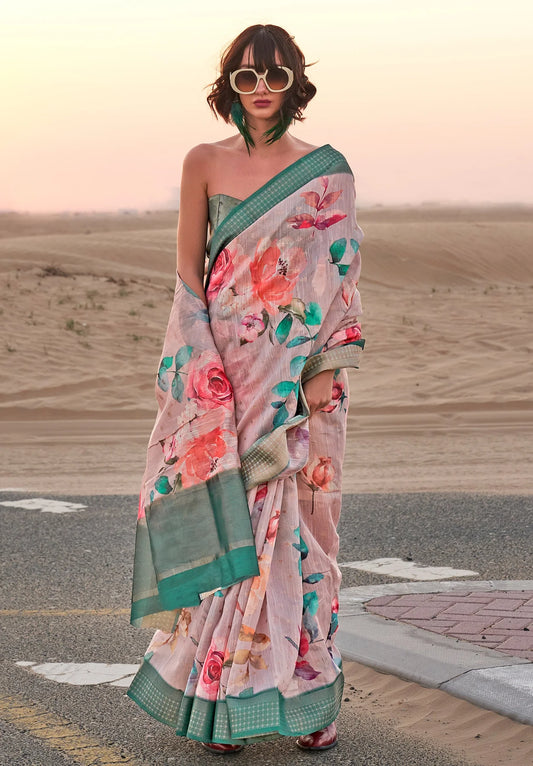 Rama color linen printed saree for women