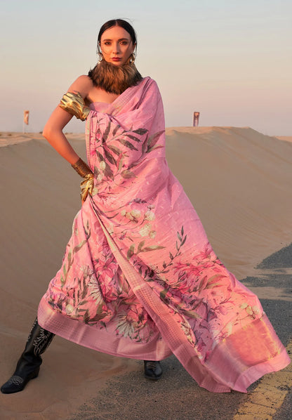 Light pink color linen printed saree for women with price
