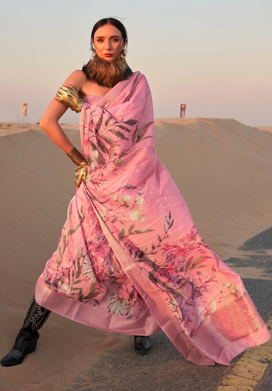 Light pink color linen printed saree for women with price
