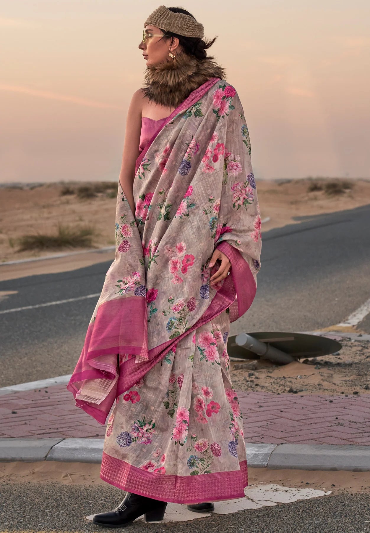 Pink color linen printed saree for women