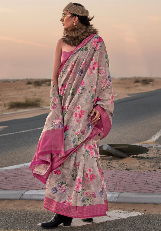 Pink color linen printed saree for women