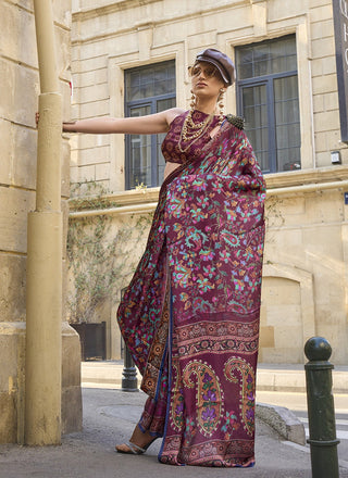 Wine color satin georgette saree for women