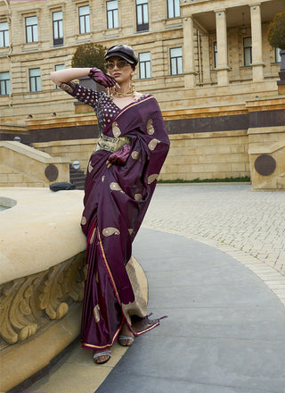 Wine color satin silk saree for wedding wear