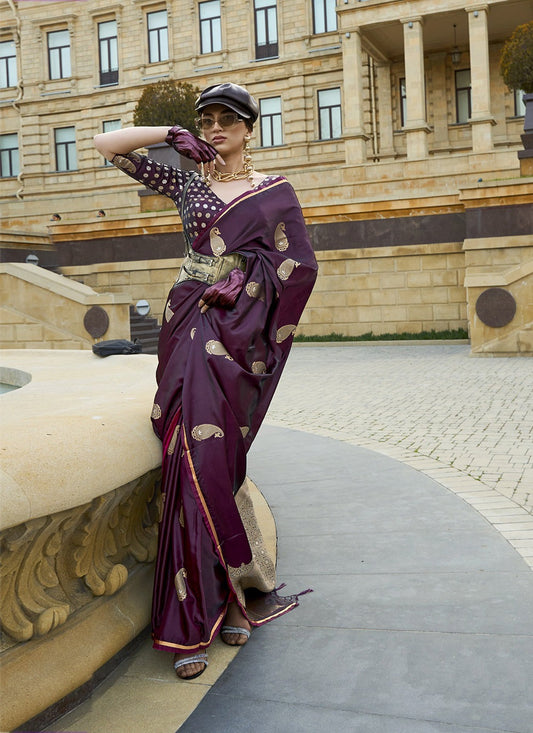 Wine color satin silk saree for wedding wear