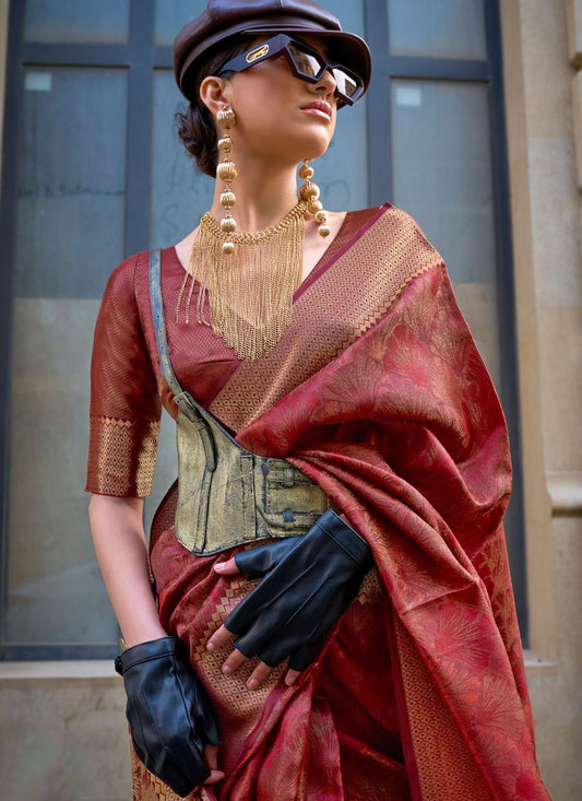 Red color Handloom Organza saree for women online
