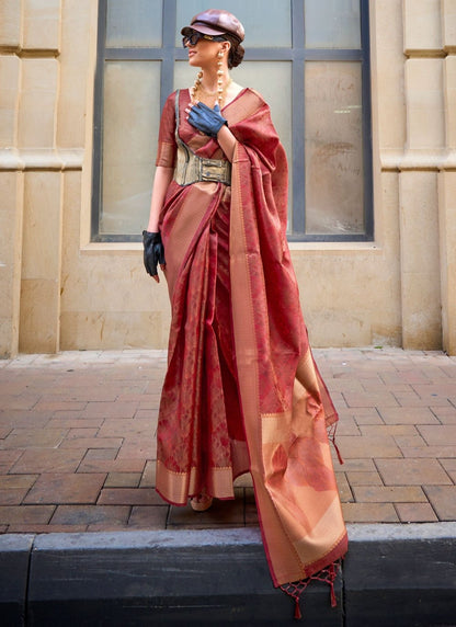 Red color Handloom Organza saree for women online shopping
