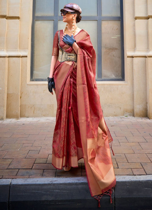 Red color Handloom Organza saree for women online shopping
