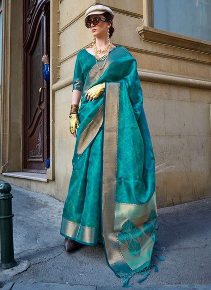 Pure teal green Handloom Organza saree for women
