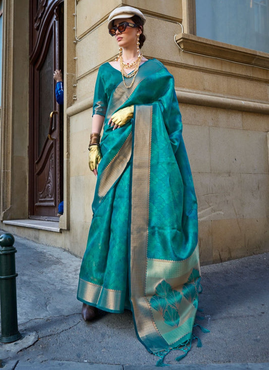 Pure teal green Handloom Organza saree for women
