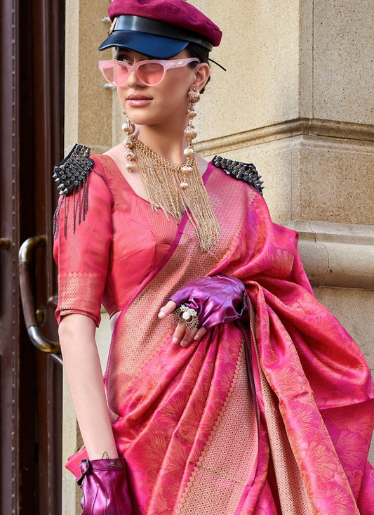 Pink handloom weaving saree for women online shopping
