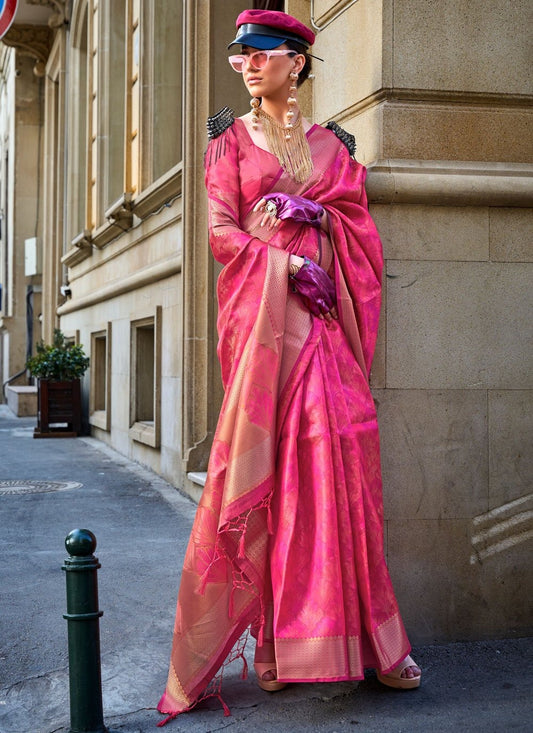 Pink handloom weaving saree for women online
