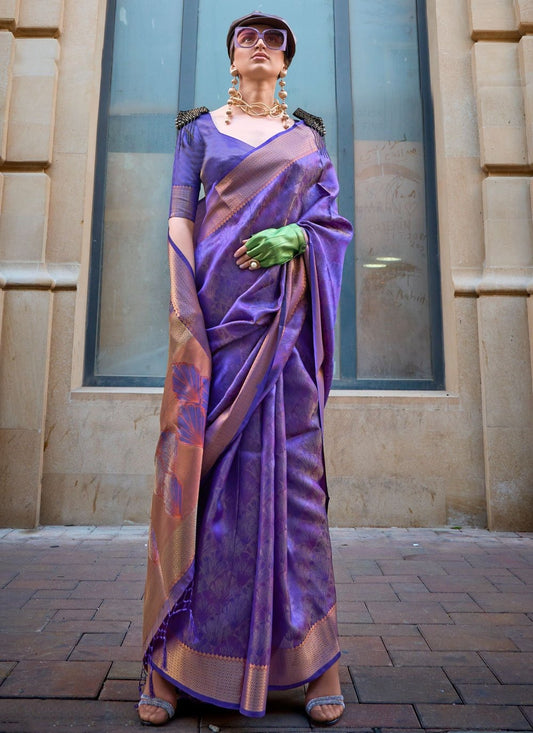 Purple handloom organza weaving saree for women online
