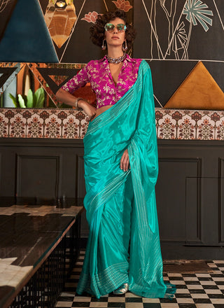 Rama color  viscose saree with blouse 