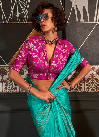 Rama color  viscose saree with blouse online