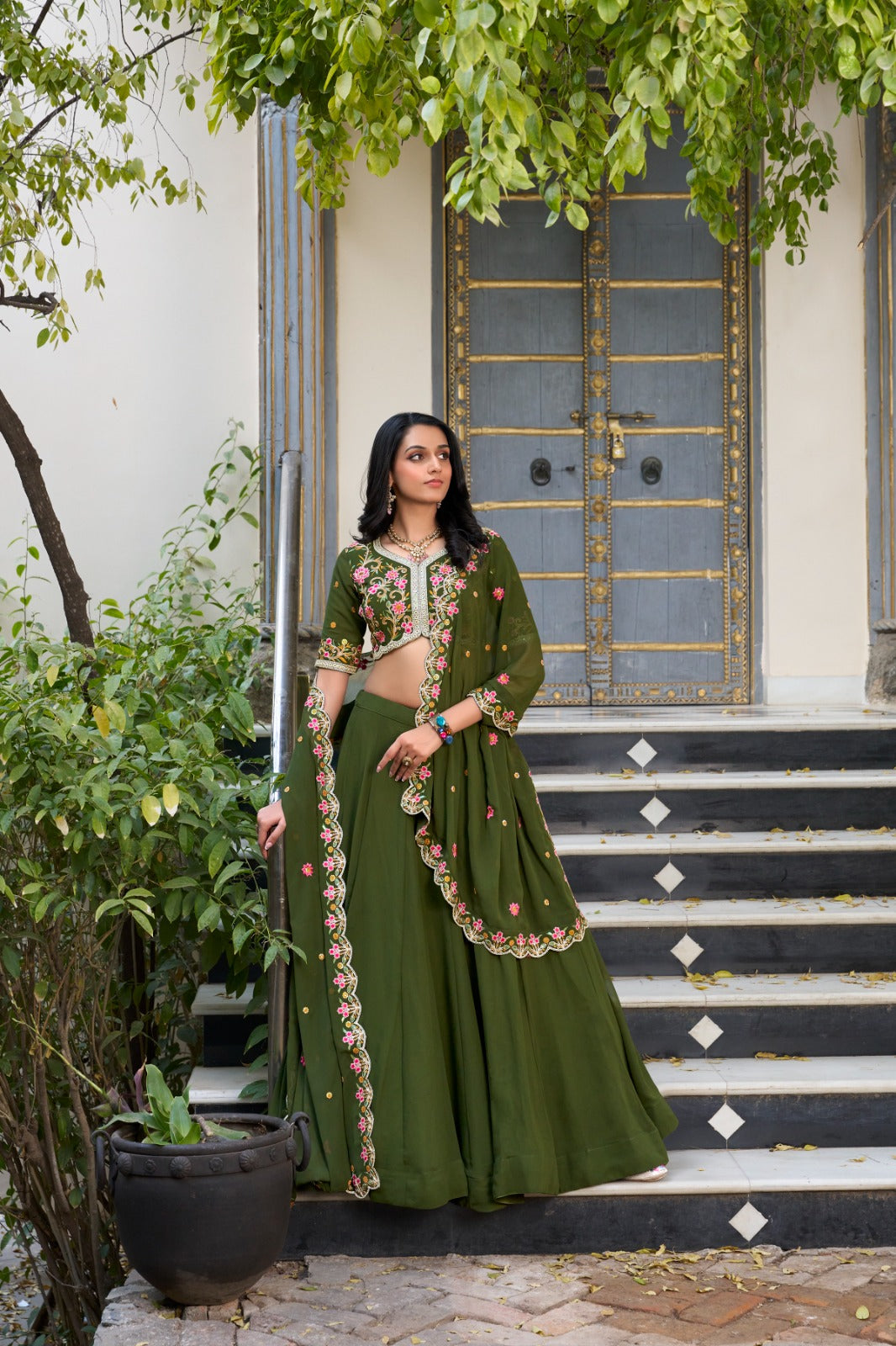 Mehendi color georgette lehenga choli for women