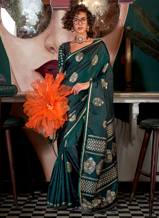 Dark green satin handloom silk saree for women price
