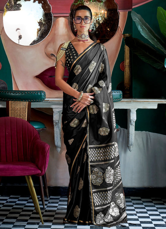 Black color satin handloom silk saree for women price
