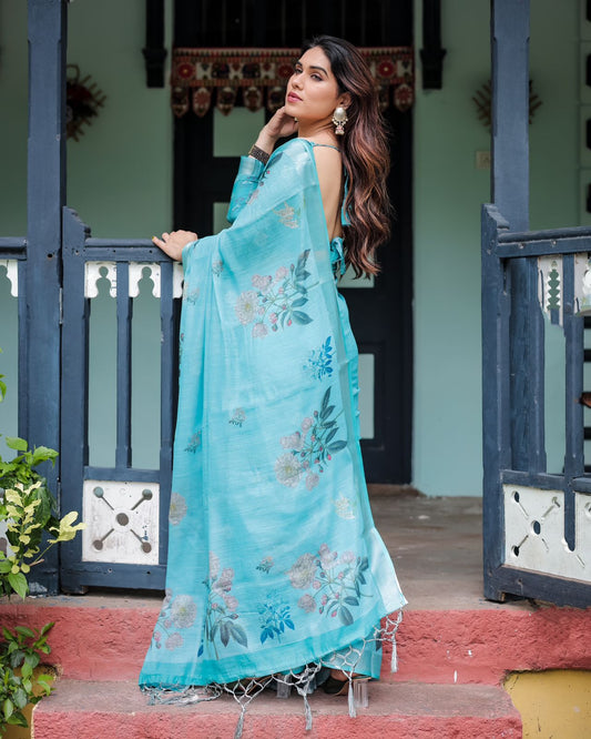 Sky color linen printed saree with blouse online