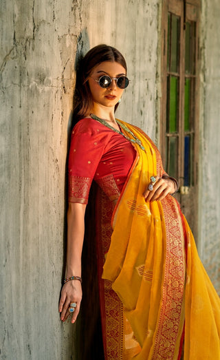 Yellow color tissue silk saree with blouse online