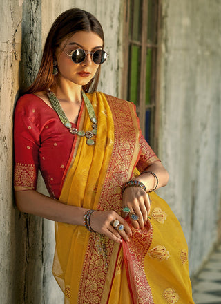 Yellow color tissue silk saree for women images