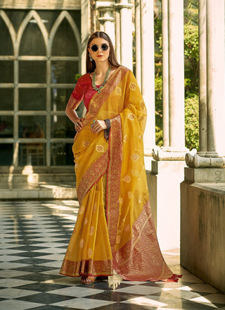 Yellow color tissue silk saree for women