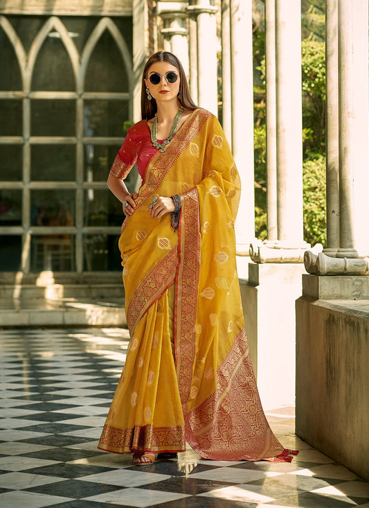 Yellow color tissue silk saree for women