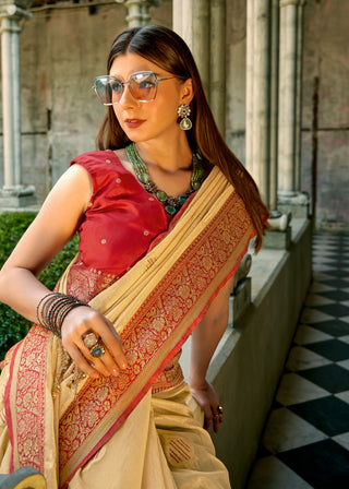 Beige color traditional saree with blouse