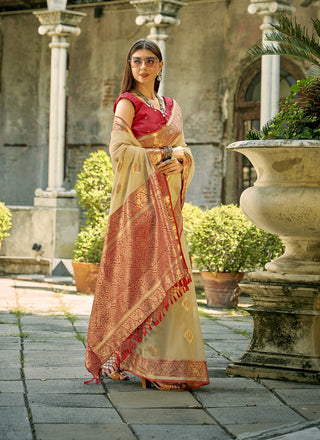 Beige color tussar silk saree for women