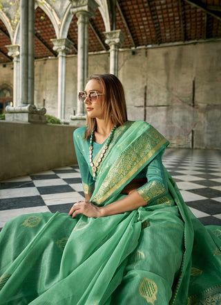 Teal green weaving silk saree for women  online