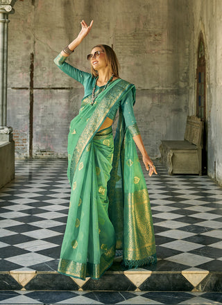 Teal green tussar silk weaving saree