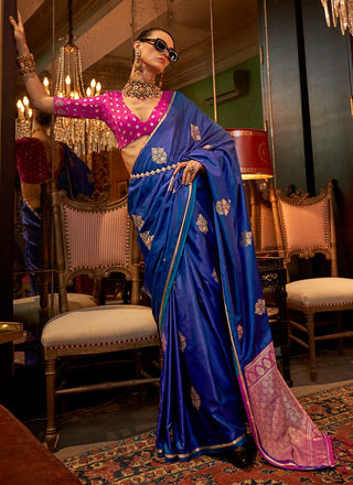 Pure blue satin saree for women
