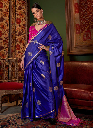 Pure blue satin saree for women
