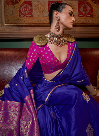 Blue satin saree with pink blouse price