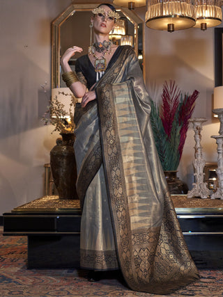 Dark grey color tissue silk saree for women
