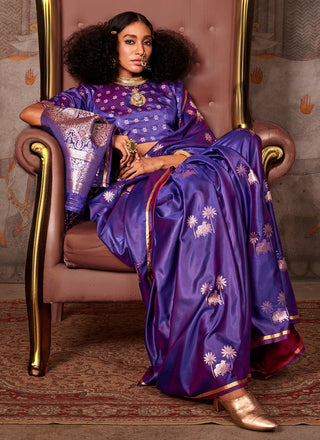 Purple color satin handloom saree for women images