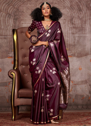 Maroon color satin handloom saree