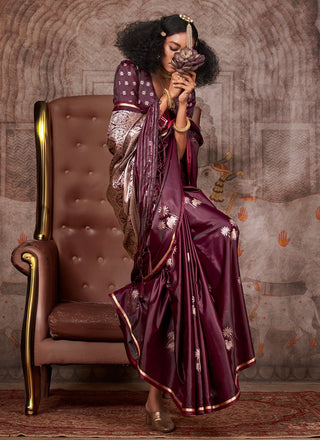 Maroon color satin handloom saree for women