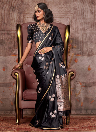 Black color satin handloom saree