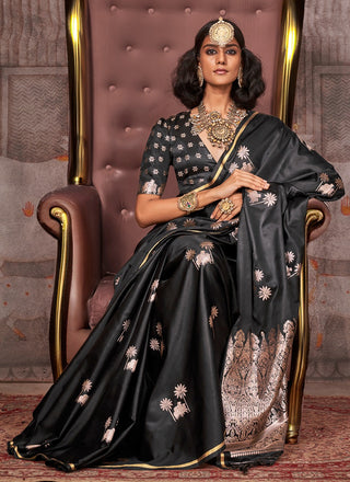 Black color satin handloom saree with blouse