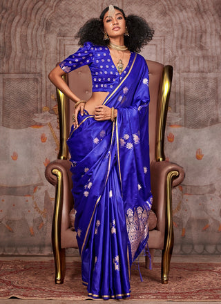 Blue color satin handloom weaving saree