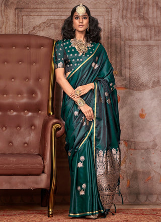 Ethnic wear teal green satin saree for women