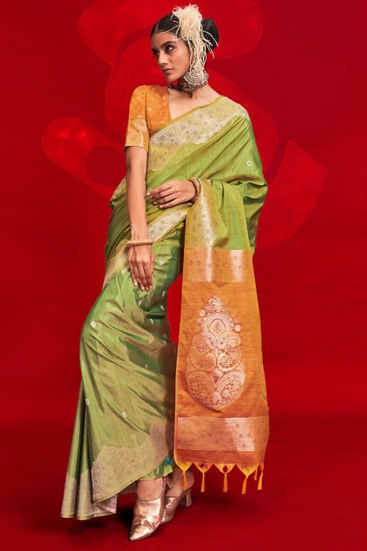 Green color tussar silk weaving saree for women