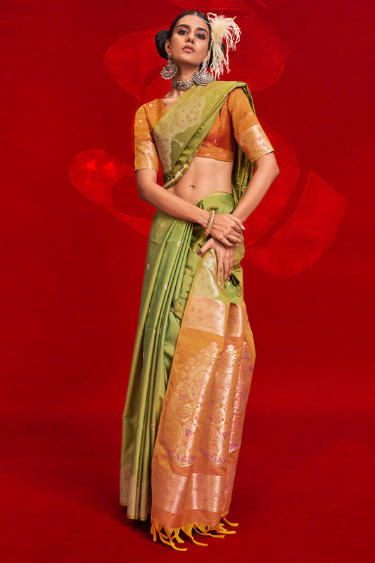 Green color tussar silk weaving saree for wedding