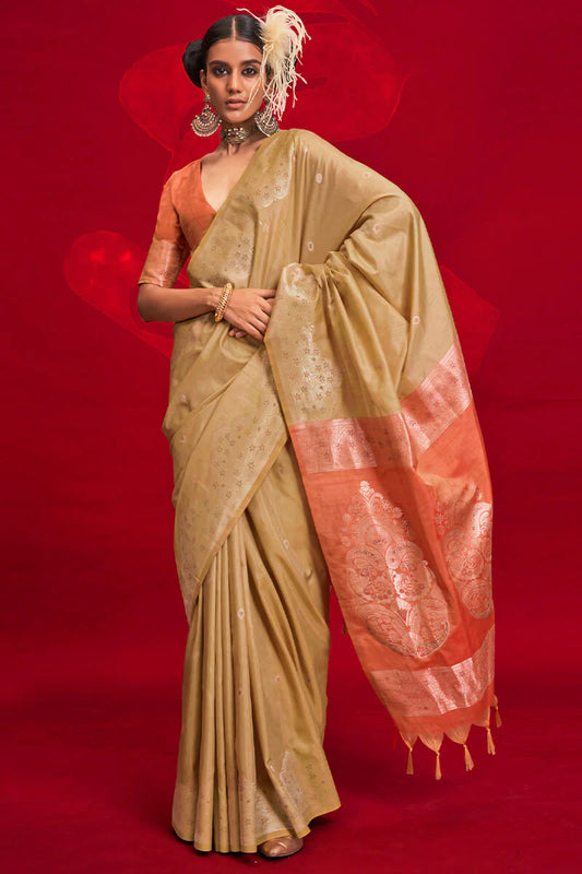 Beige color tussar silk saree for women online shopping
