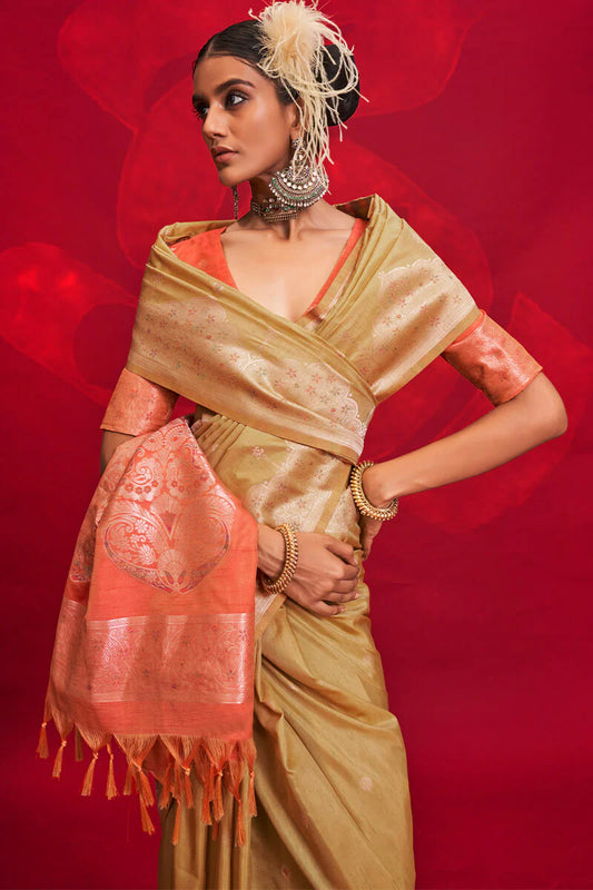 Beige color tussar silk saree for women online
