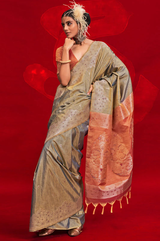 Mehendi color tussar silk saree for women online
