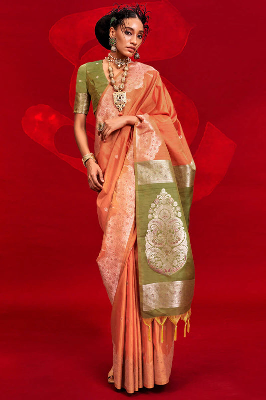 Peach color tussar silk saree for women