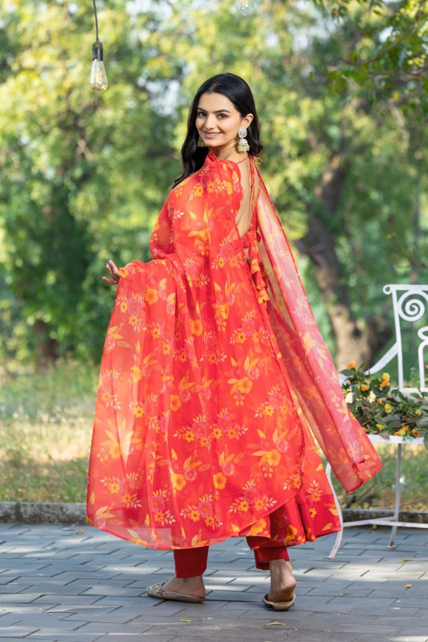 Red color tabby organza gown images